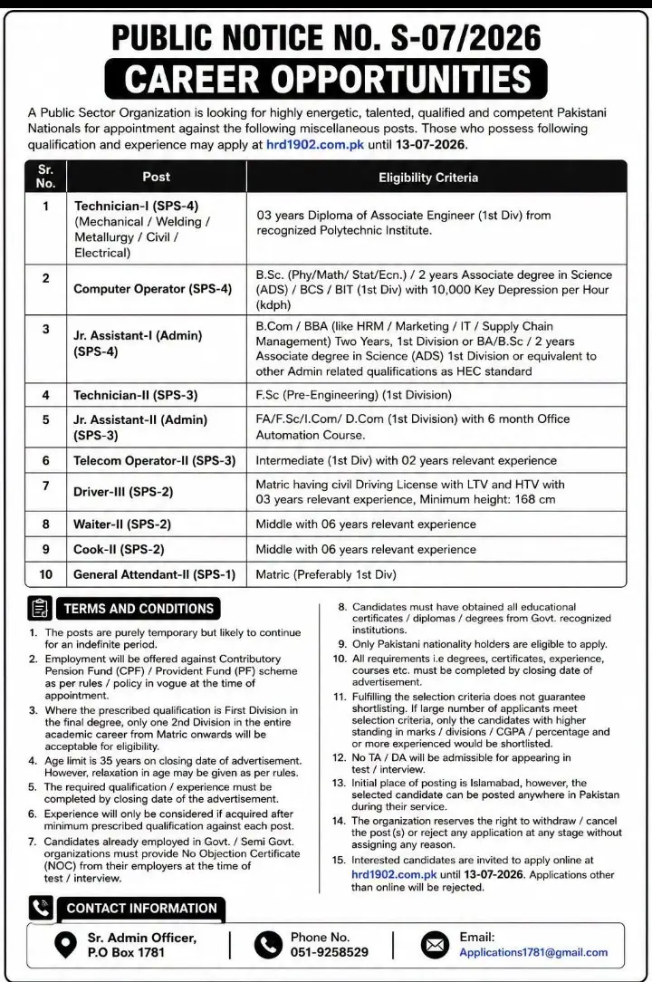 Read more about the article Public Sector Organization Jobs 2026 – Technician, Computer Operator, Junior Assistant and Other Posts