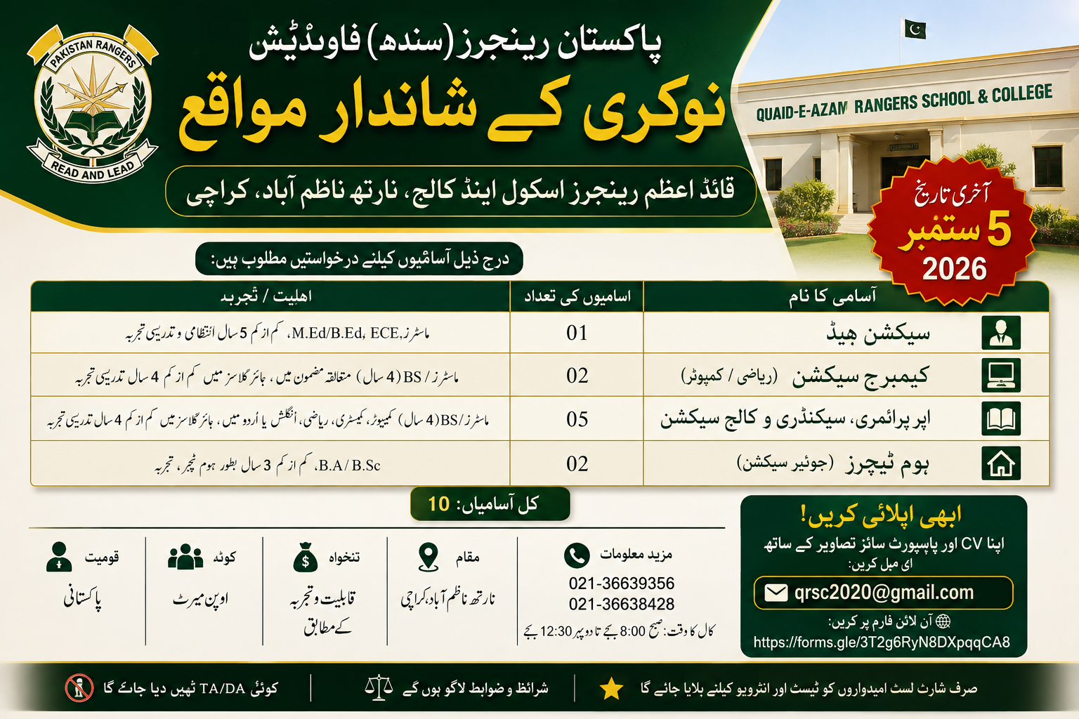 Read more about the article Quaid-e-Azam Rangers School & College Karachi Jobs 2026